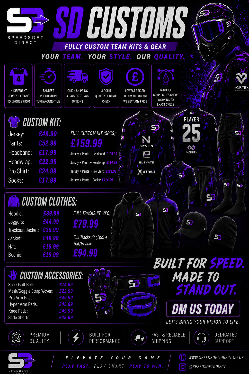 SD Customs pricing for custom jerseys pants headwear apparel and team packages